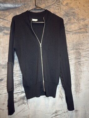 Ever Black Solid Merino Wool Knit Full Zip Mock Neck Logo Sweater Thumb Hole